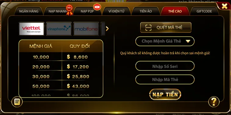 Nạp tiền bằng thẻ cào an toàn bảo mật tiện lợi.